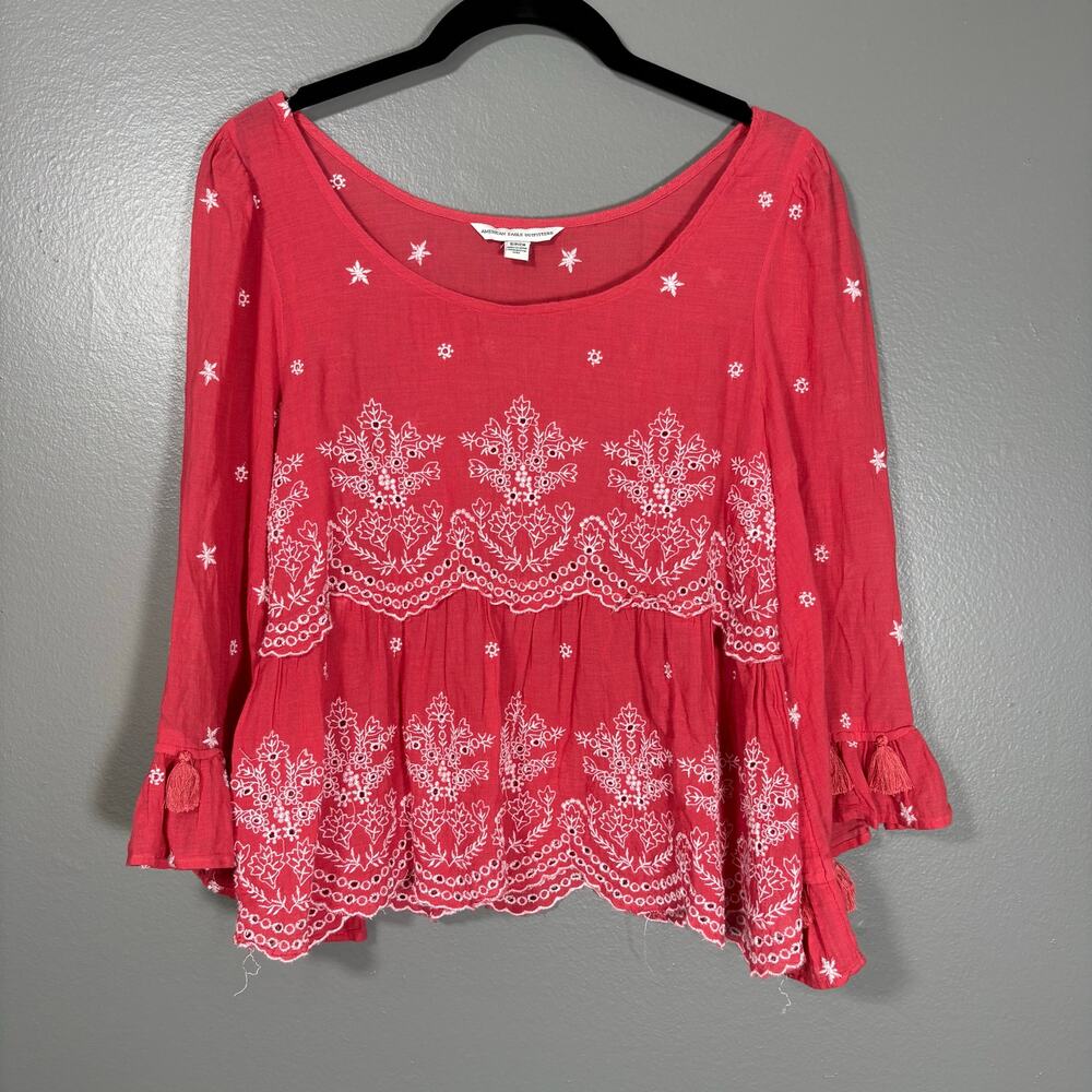 American Eagle Women's Red Embroidered Boho Peasant Top - Size Small - Flutter